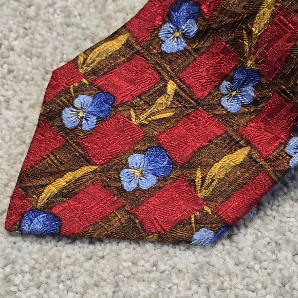 Ermenegildo Zegna Silk Tie Red Brown Plaid Floral Blue Italy Luxury Necktie - Picture 9 of 9